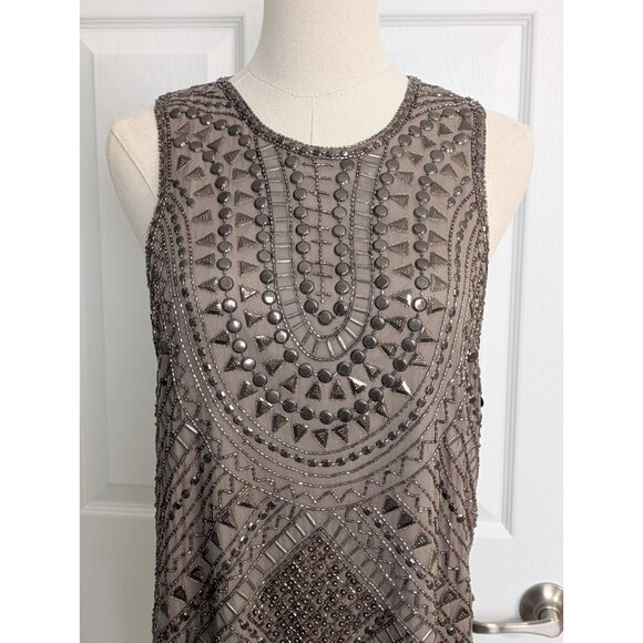 Parker 100% Silk Fully Beaded Allegra Mini Dress Taupe Size M Fairy Goth Grunge - Picture 3 of 16